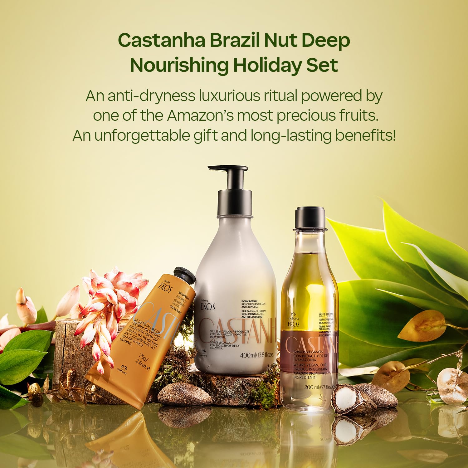 natura - Brazil Nut Deep Nourishing Holiday Gift Set – Triple-Phase Shower Oil 200 ml + Body Lotion 400 ml + Hand Cream 75 g – 100% Vegan, Rich in Omega 6 & 9, Deep Hydration & Radiance - Image 4
