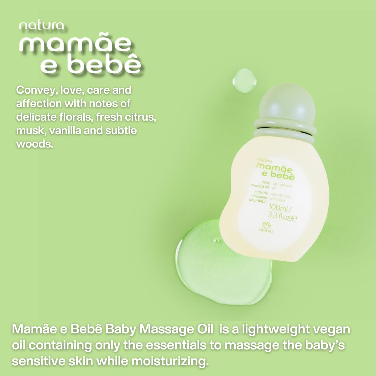 natura - Mamãe e Bebê Baby Massage Oil - 100% Vegan - Safe & Gentle Lightweight Formula - 99% Natural Origin - All Skin Types - Cruelty Free - Brazilian Beauty - Baby Essentials - 3.38 fl oz (100ml) - Image 3